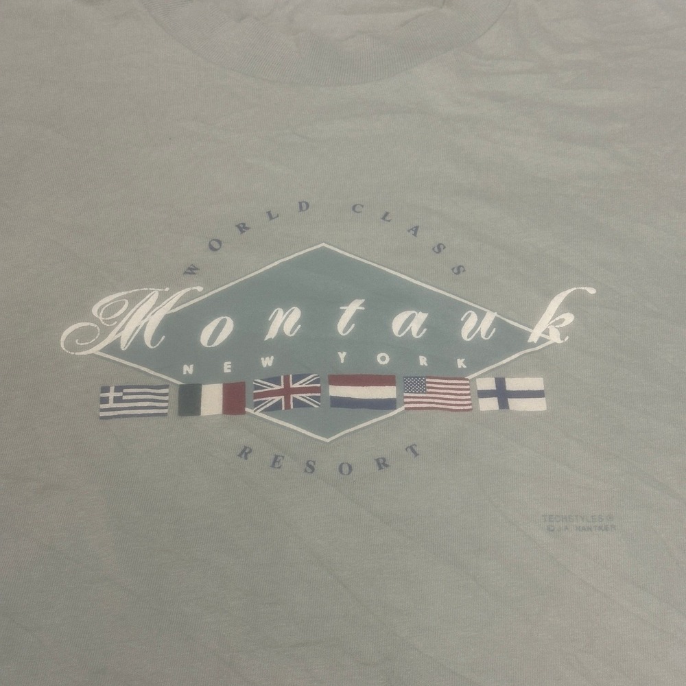Vintage 90s Techstyles Mens M Montauk New York World Class Resort T Shirt Green - Picture 3 of 8